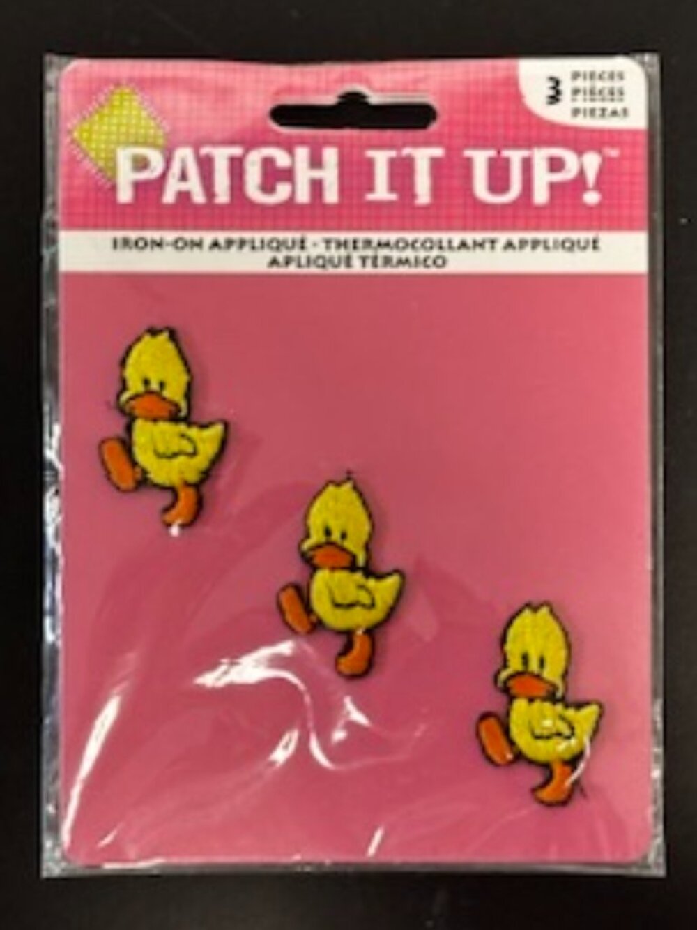 Adorable 3-piece iron-on appliqué set by Patch It Up! featuring cute yellow baby